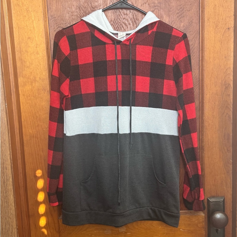 Red and Black Plaid Hoodie Sweater
